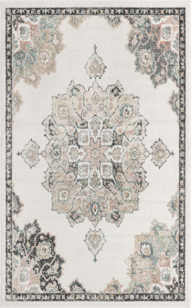 Ivory 5' x 8' Parker Rectangle Area Rug Traditional Motif Classic Design Stain Resistant Carpet for Living, Dining, Bedrooms, Kitchen, Office for Sale at Rug Engine