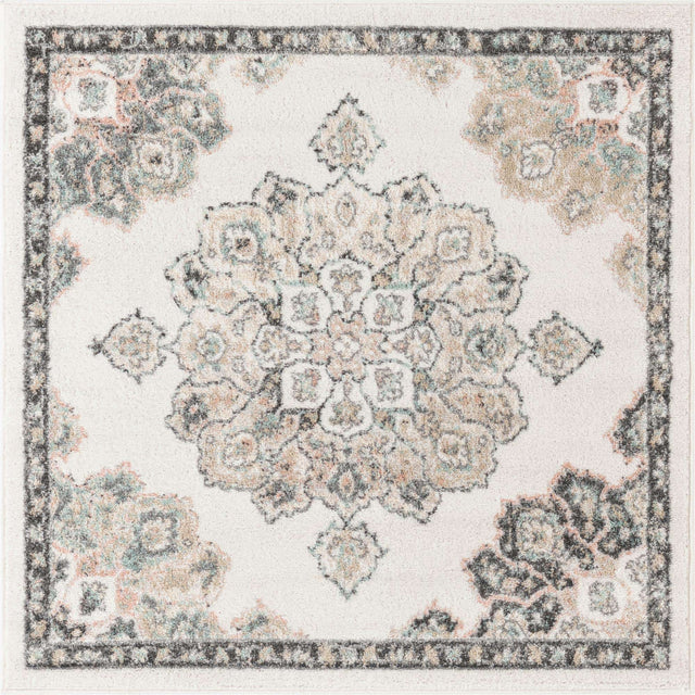 Ivory 4' x 4' Parker Square Area Rug Traditional Motif Classic Design Stain Resistant Carpet for Living, Dining, Bedrooms, Kitchen, Office for Sale at Rug Engine