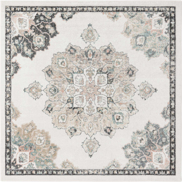 Ivory 7' 10 x 7' 10 Parker Square Area Rug Traditional Motif Classic Design Stain Resistant Carpet for Living, Dining, Bedrooms, Kitchen, Office for Sale at Rug Engine
