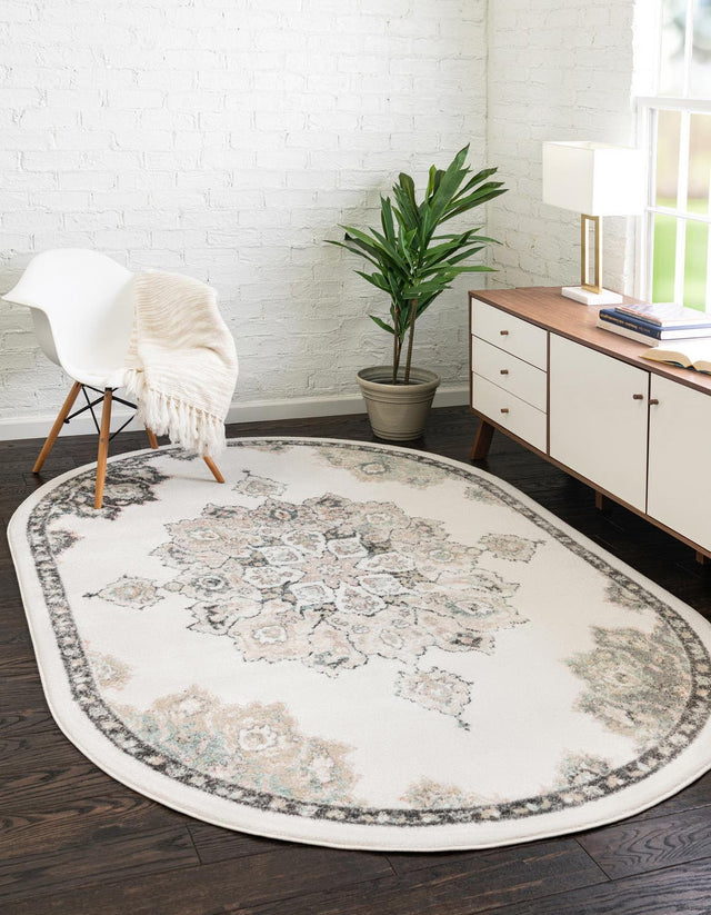 Ivory 4' x 6' Parker Oval Area Rug Traditional Motif Classic Design Stain Resistant Carpet for Living, Dining, Bedrooms, Kitchen, Office for Sale at Rug Engine