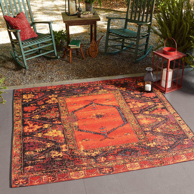 Multicolor 5' 3 x 5' 3 Outdoor Tribal Square Area Rug Weather Resistant for Patio, Deck, Terrace, Balcony, Porch Traditional Design Water Safe Outside Carpet for Sale at Rug Engine