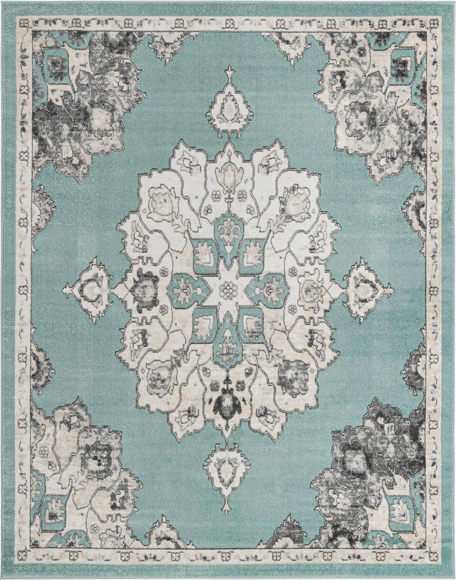Aqua 7' 10 x 10' Parker Rectangle Area Rug Traditional Motif Classic Design Stain Resistant Carpet for Living, Dining, Bedrooms, Kitchen, Office for Sale at Rug Engine