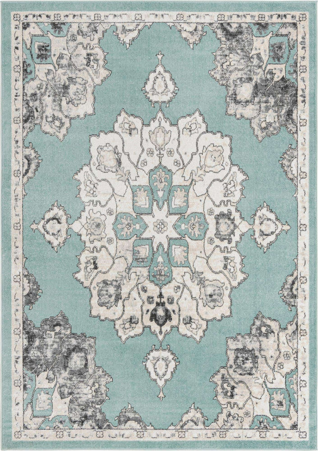 Aqua 7' x 10' Parker Rectangle Area Rug Traditional Motif Classic Design Stain Resistant Carpet for Living, Dining, Bedrooms, Kitchen, Office for Sale at Rug Engine