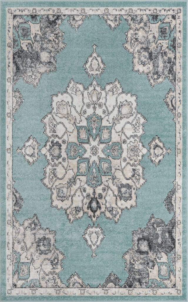 Aqua 5' x 8' Parker Rectangle Area Rug Traditional Motif Classic Design Stain Resistant Carpet for Living, Dining, Bedrooms, Kitchen, Office for Sale at Rug Engine