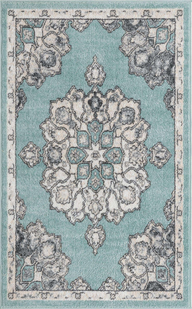Aqua 3' 3 x 5' 3 Parker Rectangle Area Rug Traditional Motif Classic Design Stain Resistant Carpet for Living, Dining, Bedrooms, Kitchen, Office for Sale at Rug Engine