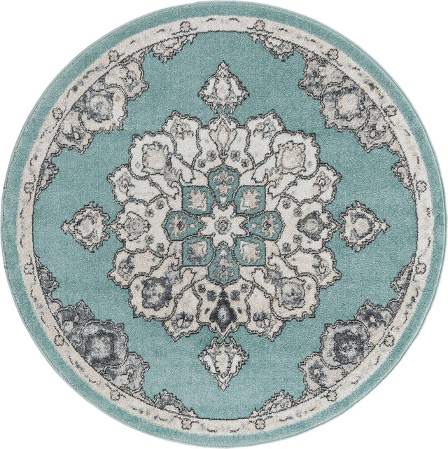 Aqua 5' x 5' Parker Round Area Rug Traditional Motif Classic Design Stain Resistant Carpet for Living, Dining, Bedrooms, Kitchen, Office for Sale at Rug Engine