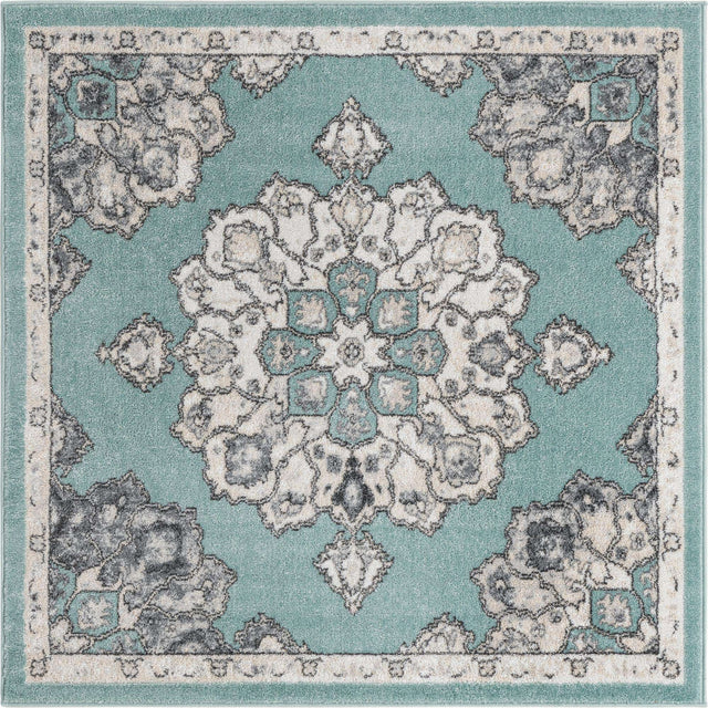Aqua 5' x 5' Parker Square Area Rug Traditional Motif Classic Design Stain Resistant Carpet for Living, Dining, Bedrooms, Kitchen, Office for Sale at Rug Engine
