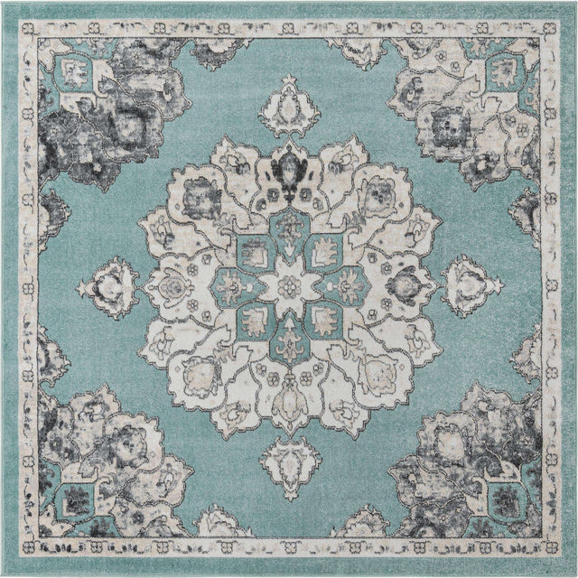 Aqua 7' 10 x 7' 10 Parker Square Area Rug Traditional Motif Classic Design Stain Resistant Carpet for Living, Dining, Bedrooms, Kitchen, Office for Sale at Rug Engine