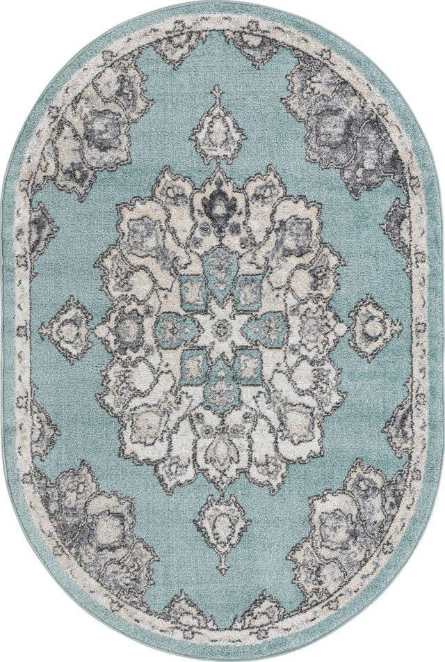 Aqua 4' x 6' Parker Oval Area Rug Traditional Motif Classic Design Stain Resistant Carpet for Living, Dining, Bedrooms, Kitchen, Office for Sale at Rug Engine