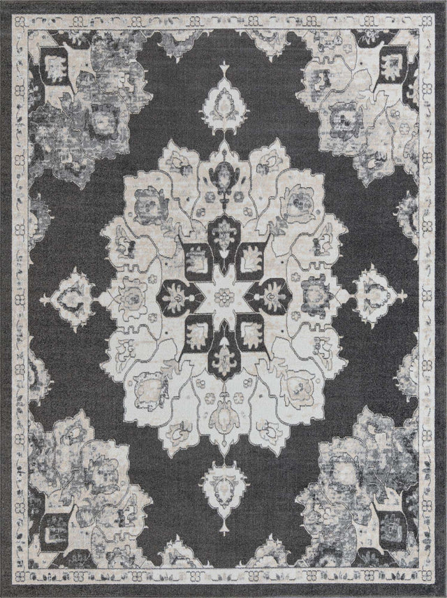 Charcoal 9' x 12' Parker Rectangle Area Rug Traditional Motif Classic Design Stain Resistant Carpet for Living, Dining, Bedrooms, Kitchen, Office for Sale at Rug Engine