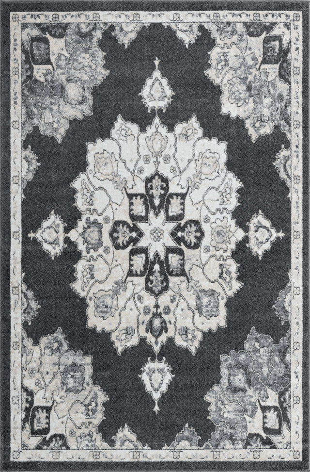 Charcoal 6' x 9' Parker Rectangle Area Rug Traditional Motif Classic Design Stain Resistant Carpet for Living, Dining, Bedrooms, Kitchen, Office for Sale at Rug Engine