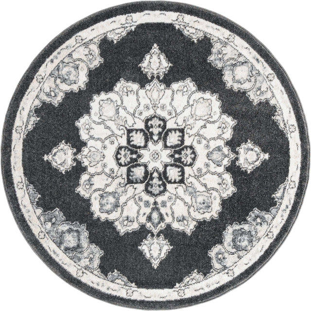 Charcoal 5' x 5' Parker Round Area Rug Traditional Motif Classic Design Stain Resistant Carpet for Living, Dining, Bedrooms, Kitchen, Office for Sale at Rug Engine