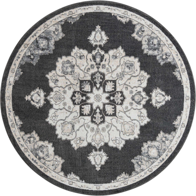 Charcoal 7' 10 x 7' 10 Parker Round Area Rug Traditional Motif Classic Design Stain Resistant Carpet for Living, Dining, Bedrooms, Kitchen, Office for Sale at Rug Engine