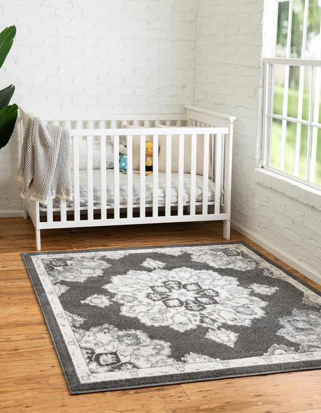 Charcoal 5' x 5' Parker Square Area Rug Traditional Motif Classic Design Stain Resistant Carpet for Living, Dining, Bedrooms, Kitchen, Office for Sale at Rug Engine