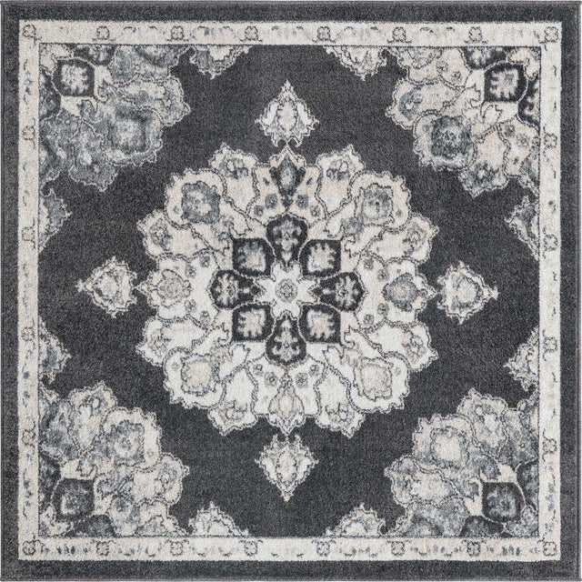 Charcoal 5' x 5' Parker Square Area Rug Traditional Motif Classic Design Stain Resistant Carpet for Living, Dining, Bedrooms, Kitchen, Office for Sale at Rug Engine