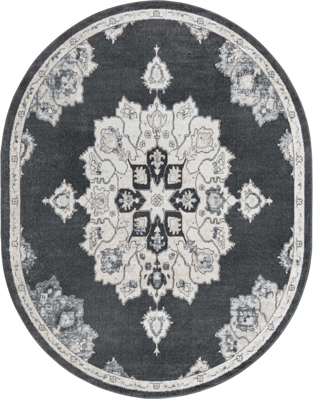 Charcoal 7' 10 x 10' Parker Oval Area Rug Traditional Motif Classic Design Stain Resistant Carpet for Living, Dining, Bedrooms, Kitchen, Office for Sale at Rug Engine