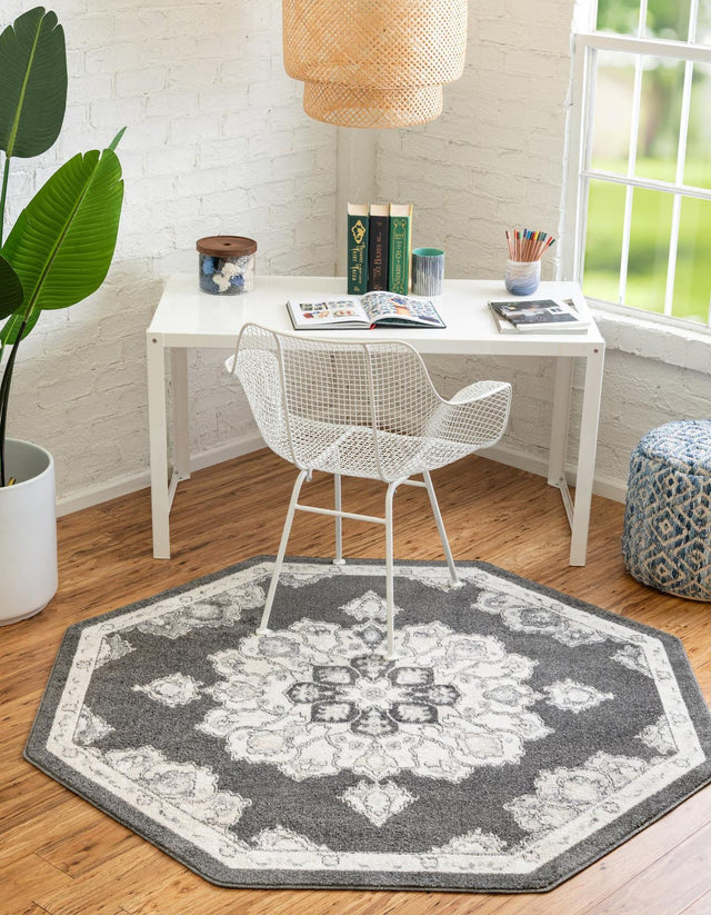 Charcoal 7' 10 x 7' 10 Parker Octagon Area Rug Traditional Motif Classic Design Stain Resistant Carpet for Living, Dining, Bedrooms, Kitchen, Office for Sale at Rug Engine