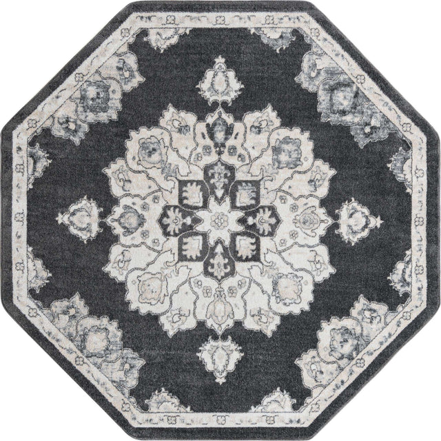 Charcoal 7' 10 x 7' 10 Parker Octagon Area Rug Traditional Motif Classic Design Stain Resistant Carpet for Living, Dining, Bedrooms, Kitchen, Office for Sale at Rug Engine