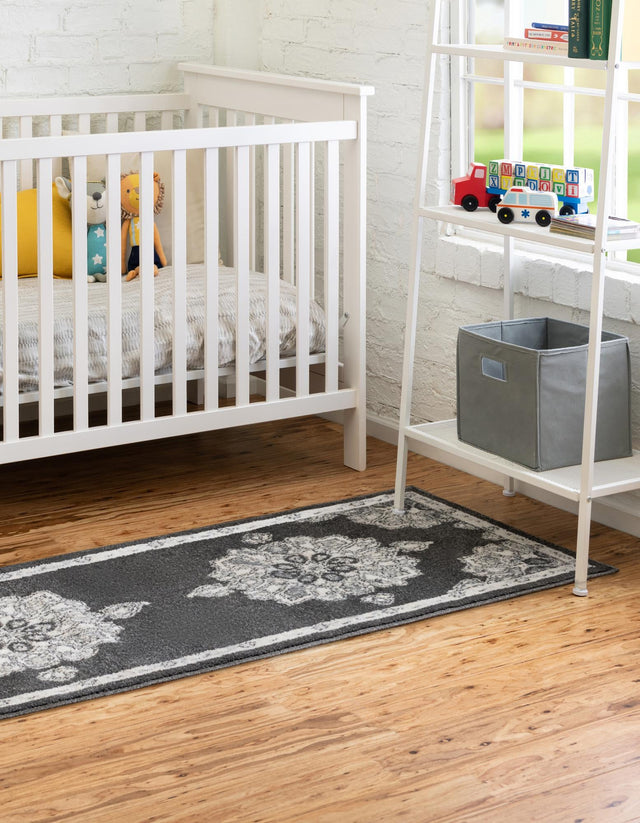 Charcoal 2' x 6' Parker Runner Area Rug Traditional Motif Classic Design Stain Resistant Carpet for Living, Dining, Bedrooms, Kitchen, Office for Sale at Rug Engine
