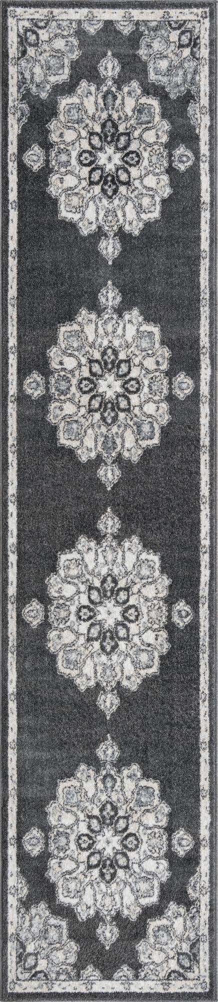 Charcoal 2' 7 x 12' Parker Runner Area Rug Traditional Motif Classic Design Stain Resistant Carpet for Living, Dining, Bedrooms, Kitchen, Office for Sale at Rug Engine