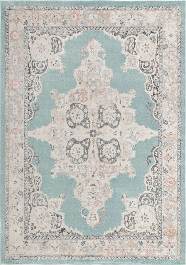 Aqua 10' x 14' Parker Rectangle Area Rug Traditional Motif Classic Design Stain Resistant Carpet for Living, Dining, Bedrooms, Kitchen, Office for Sale at Rug Engine