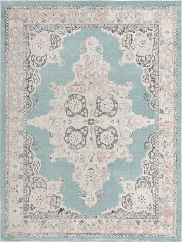 Aqua 10' x 13' Parker Rectangle Area Rug Traditional Motif Classic Design Stain Resistant Carpet for Living, Dining, Bedrooms, Kitchen, Office for Sale at Rug Engine