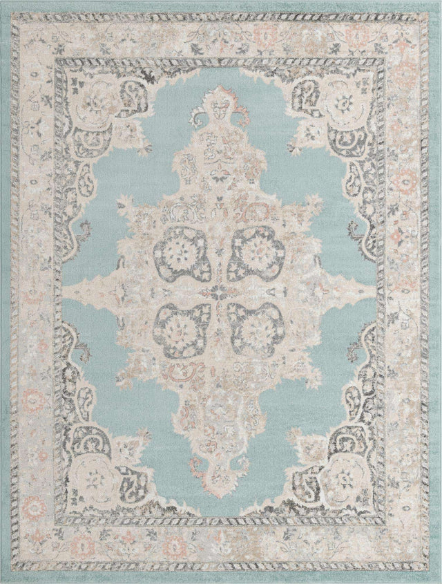 Aqua 9' x 12' Parker Rectangle Area Rug Traditional Motif Classic Design Stain Resistant Carpet for Living, Dining, Bedrooms, Kitchen, Office for Sale at Rug Engine