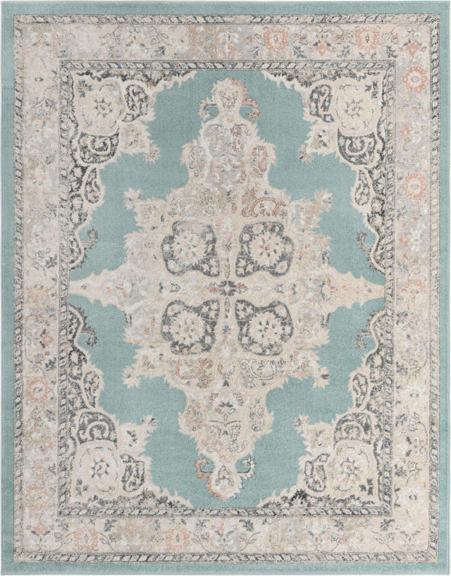 Aqua 7' 10 x 10' Parker Rectangle Area Rug Traditional Motif Classic Design Stain Resistant Carpet for Living, Dining, Bedrooms, Kitchen, Office for Sale at Rug Engine