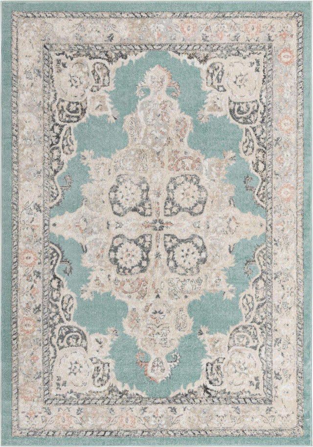 Aqua 7' x 10' Parker Rectangle Area Rug Traditional Motif Classic Design Stain Resistant Carpet for Living, Dining, Bedrooms, Kitchen, Office for Sale at Rug Engine