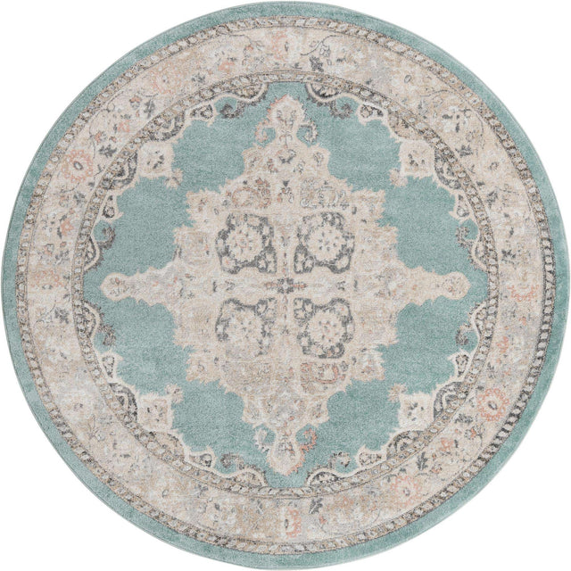 Aqua 7' 10 x 7' 10 Parker Round Area Rug Traditional Motif Classic Design Stain Resistant Carpet for Living, Dining, Bedrooms, Kitchen, Office for Sale at Rug Engine