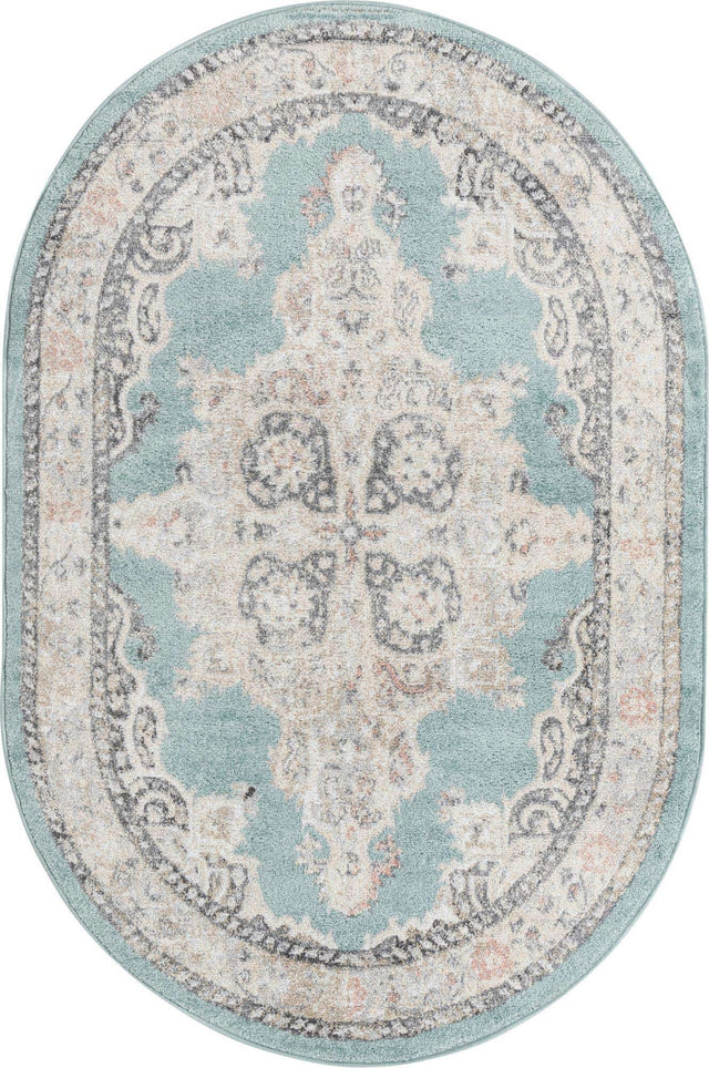 Aqua 4' x 6' Parker Oval Area Rug Traditional Motif Classic Design Stain Resistant Carpet for Living, Dining, Bedrooms, Kitchen, Office for Sale at Rug Engine