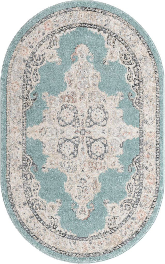 Aqua 5' x 8' Parker Oval Area Rug Traditional Motif Classic Design Stain Resistant Carpet for Living, Dining, Bedrooms, Kitchen, Office for Sale at Rug Engine