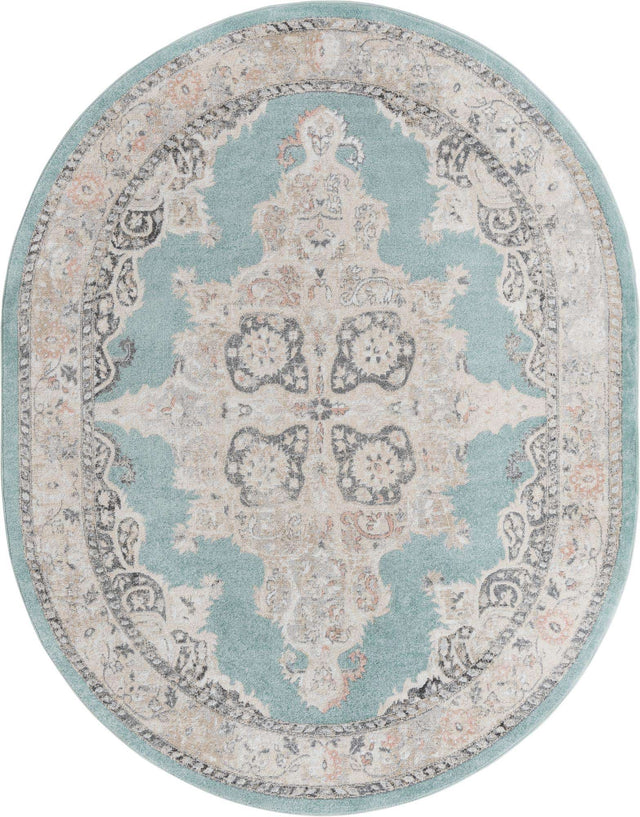 Aqua 7' 10 x 10' Parker Oval Area Rug Traditional Motif Classic Design Stain Resistant Carpet for Living, Dining, Bedrooms, Kitchen, Office for Sale at Rug Engine