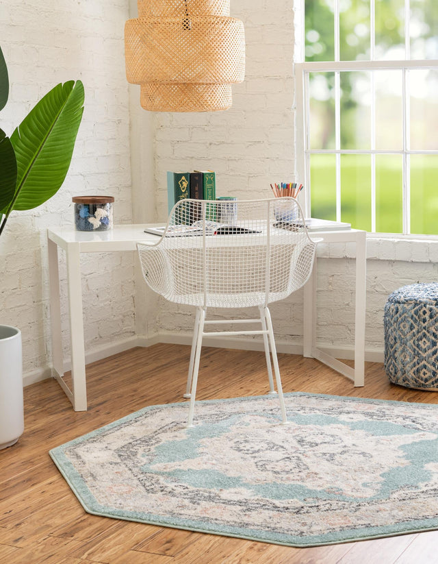 Aqua 7' 10 x 7' 10 Parker Octagon Area Rug Traditional Motif Classic Design Stain Resistant Carpet for Living, Dining, Bedrooms, Kitchen, Office for Sale at Rug Engine