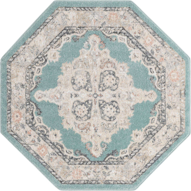 Aqua 5' x 5' Parker Octagon Area Rug Traditional Motif Classic Design Stain Resistant Carpet for Living, Dining, Bedrooms, Kitchen, Office for Sale at Rug Engine