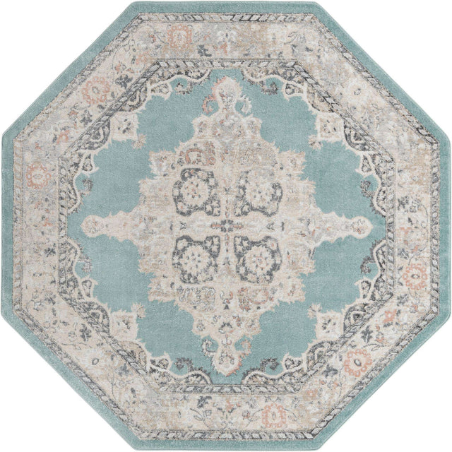 Aqua 7' 10 x 7' 10 Parker Octagon Area Rug Traditional Motif Classic Design Stain Resistant Carpet for Living, Dining, Bedrooms, Kitchen, Office for Sale at Rug Engine