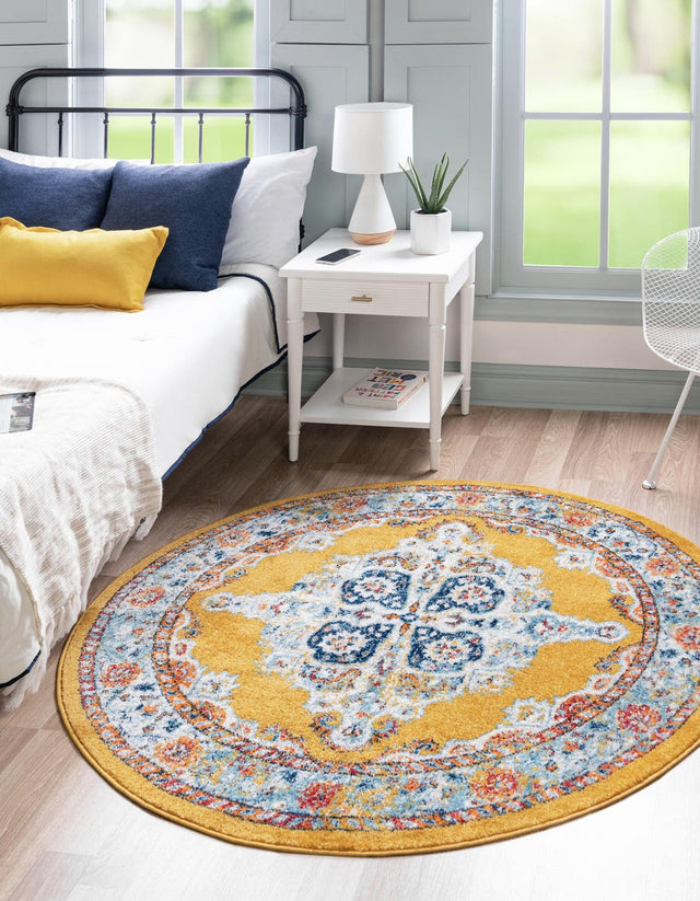 Yellow 3' 3 x 3' 3 Parker Round Area Rug Traditional Motif Classic Design Stain Resistant Carpet for Living, Dining, Bedrooms, Kitchen, Office for Sale at Rug Engine