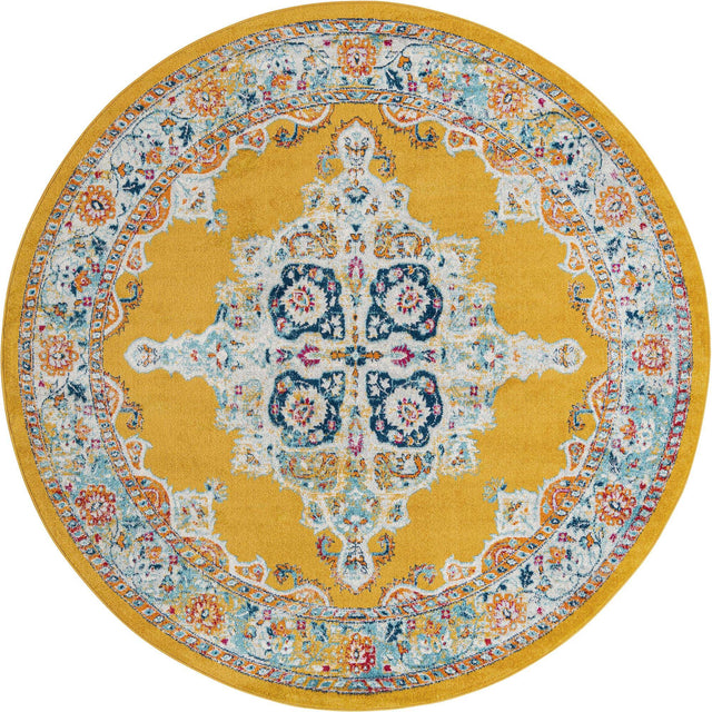 Yellow 7' 10 x 7' 10 Parker Round Area Rug Traditional Motif Classic Design Stain Resistant Carpet for Living, Dining, Bedrooms, Kitchen, Office for Sale at Rug Engine
