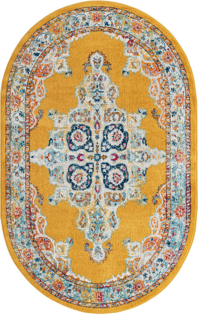 Yellow 5' x 8' Parker Oval Area Rug Traditional Motif Classic Design Stain Resistant Carpet for Living, Dining, Bedrooms, Kitchen, Office for Sale at Rug Engine