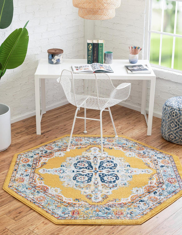 Yellow 5' x 5' Parker Octagon Area Rug Traditional Motif Classic Design Stain Resistant Carpet for Living, Dining, Bedrooms, Kitchen, Office for Sale at Rug Engine
