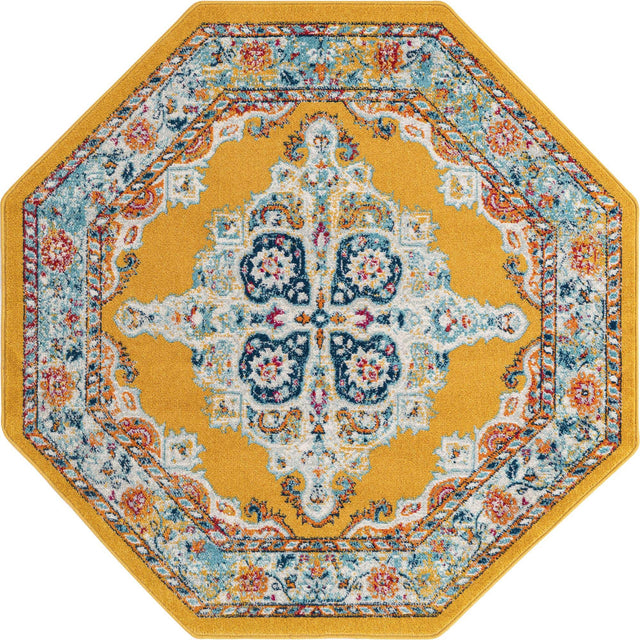 Yellow 5' x 5' Parker Octagon Area Rug Traditional Motif Classic Design Stain Resistant Carpet for Living, Dining, Bedrooms, Kitchen, Office for Sale at Rug Engine