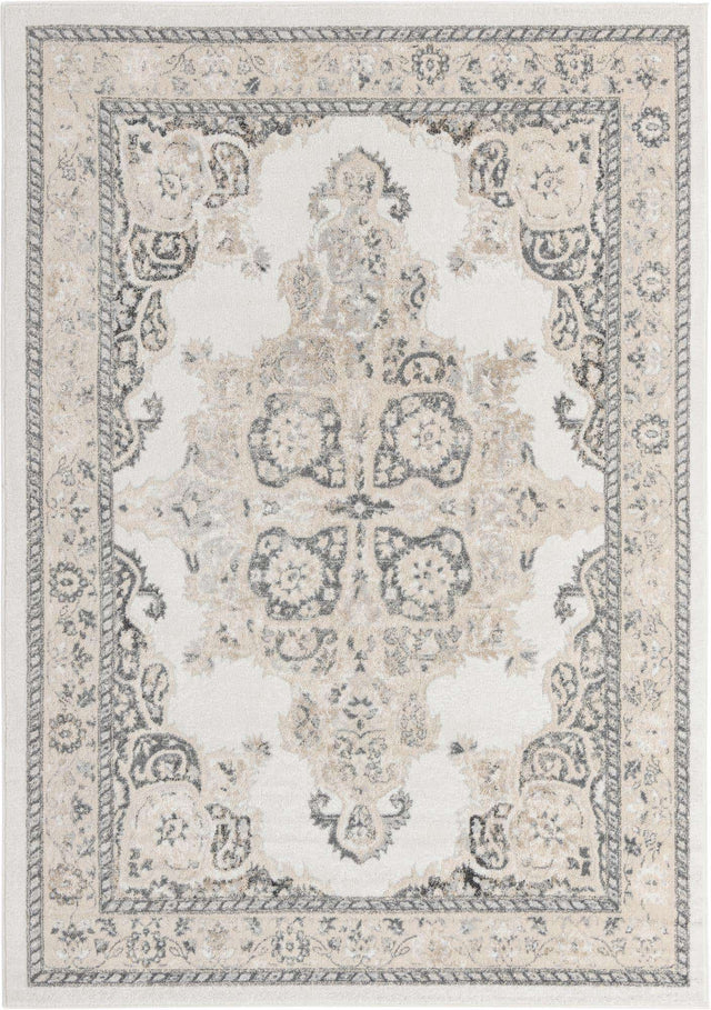 Ivory 7' x 10' Parker Rectangle Area Rug Traditional Motif Classic Design Stain Resistant Carpet for Living, Dining, Bedrooms, Kitchen, Office for Sale at Rug Engine