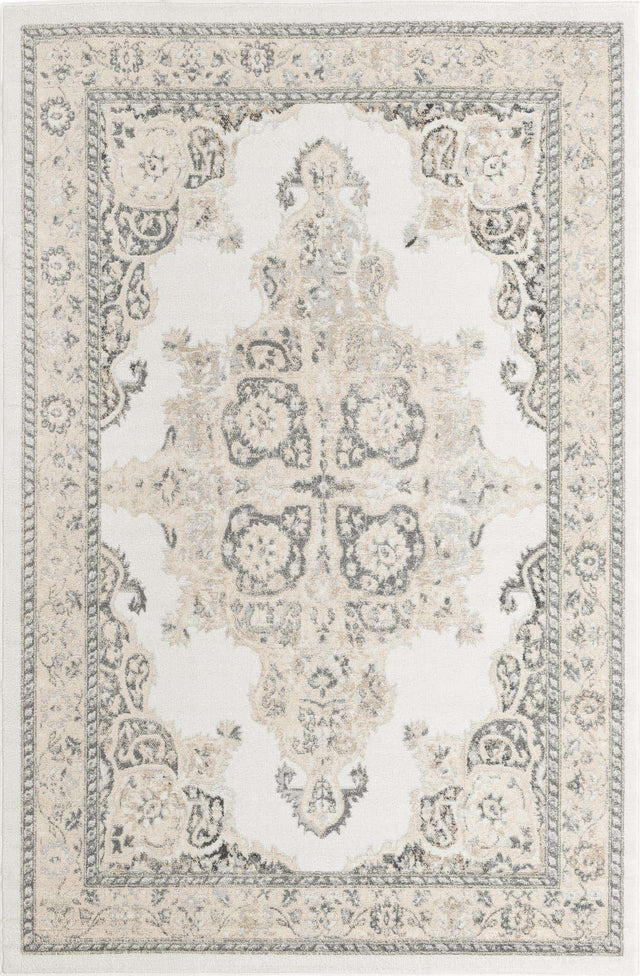 Ivory 6' x 9' Parker Rectangle Area Rug Traditional Motif Classic Design Stain Resistant Carpet for Living, Dining, Bedrooms, Kitchen, Office for Sale at Rug Engine