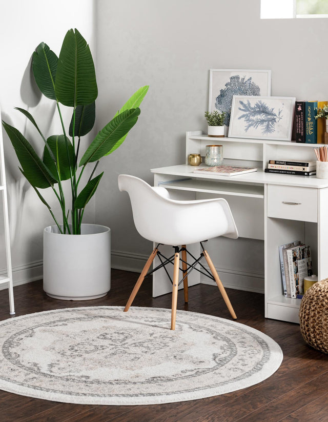 Ivory 5' x 5' Parker Round Area Rug Traditional Motif Classic Design Stain Resistant Carpet for Living, Dining, Bedrooms, Kitchen, Office for Sale at Rug Engine
