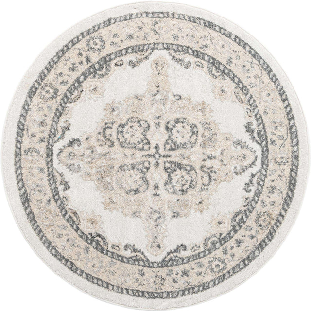 Ivory 5' x 5' Parker Round Area Rug Traditional Motif Classic Design Stain Resistant Carpet for Living, Dining, Bedrooms, Kitchen, Office for Sale at Rug Engine