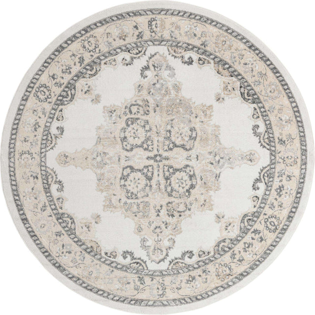 Ivory 7' 10 x 7' 10 Parker Round Area Rug Traditional Motif Classic Design Stain Resistant Carpet for Living, Dining, Bedrooms, Kitchen, Office for Sale at Rug Engine