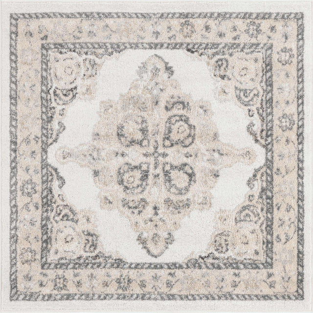 Ivory 4' x 4' Parker Square Area Rug Traditional Motif Classic Design Stain Resistant Carpet for Living, Dining, Bedrooms, Kitchen, Office for Sale at Rug Engine