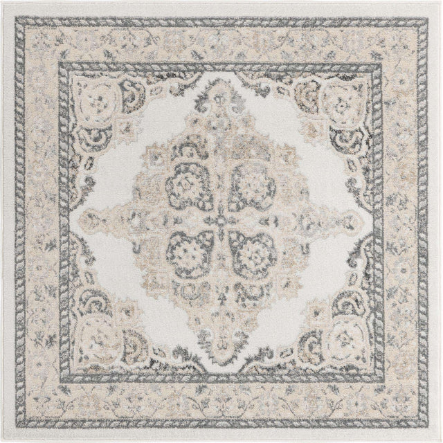 Ivory 5' x 5' Parker Square Area Rug Traditional Motif Classic Design Stain Resistant Carpet for Living, Dining, Bedrooms, Kitchen, Office for Sale at Rug Engine