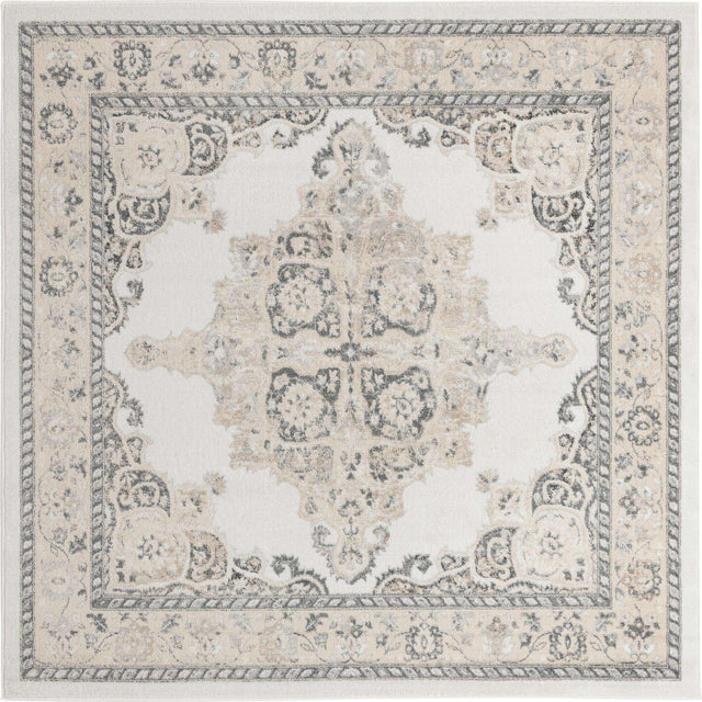 Ivory 7' 10 x 7' 10 Parker Square Area Rug Traditional Motif Classic Design Stain Resistant Carpet for Living, Dining, Bedrooms, Kitchen, Office for Sale at Rug Engine