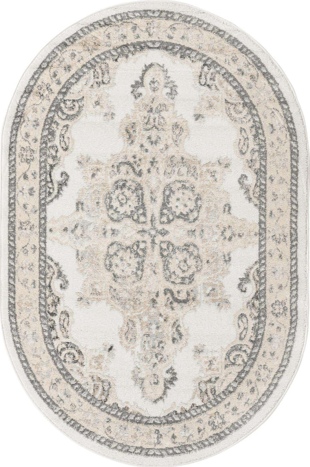 Ivory 4' x 6' Parker Oval Area Rug Traditional Motif Classic Design Stain Resistant Carpet for Living, Dining, Bedrooms, Kitchen, Office for Sale at Rug Engine